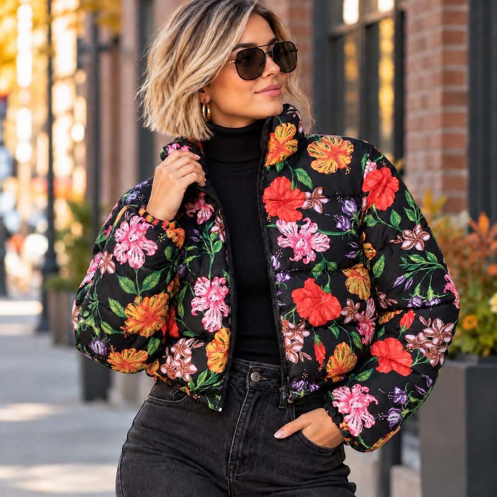 Pink Ripple Women's S Cropped Puffer Jacket Black Floral Zip Up